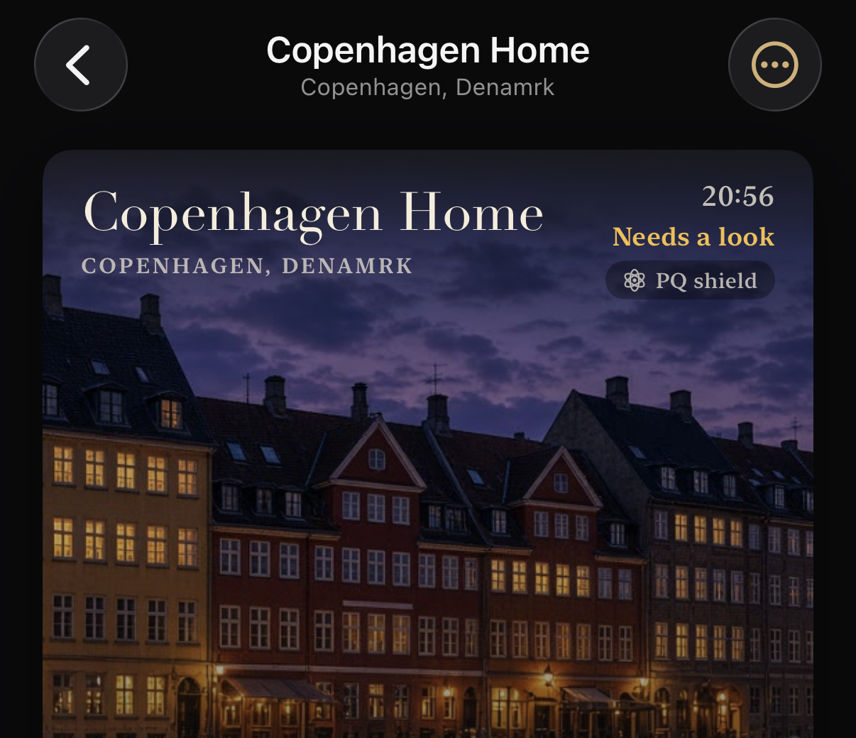 House card showing Copenhagen Home with PQ Shield chip top-right alongside time and All secure