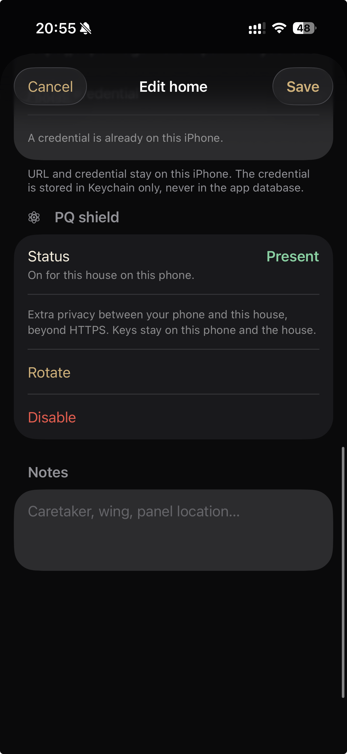 iPhone Edit home Connections showing PQ Shield Present with Rotate and Disable